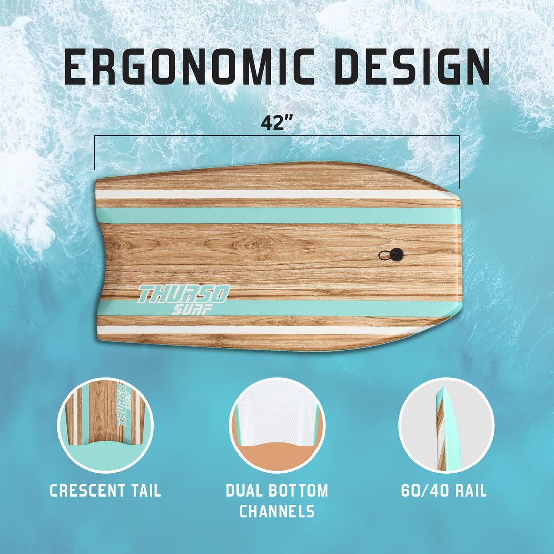 An turquoise and wood-grain Thurso Surf Quill EPS 42-inch bodyboard with ergonomic design features, including a crescent tail, dual bottom channels, and 60/40 rails