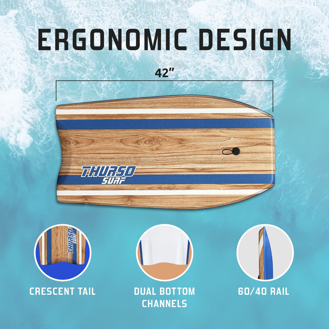 An Azure blue and wood-grain Thurso Surf Quill EPS 42-inch bodyboard with ergonomic design features, including a crescent tail, dual bottom channels, and 60/40 rails