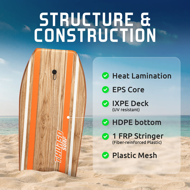 A Tangerine orange wood-grain Thurso Surf bodyboard on a beach, detailing its construction including Heat Lamination, EPS Core, IXPE Deck, HDPE bottom, and FRP Stringer.