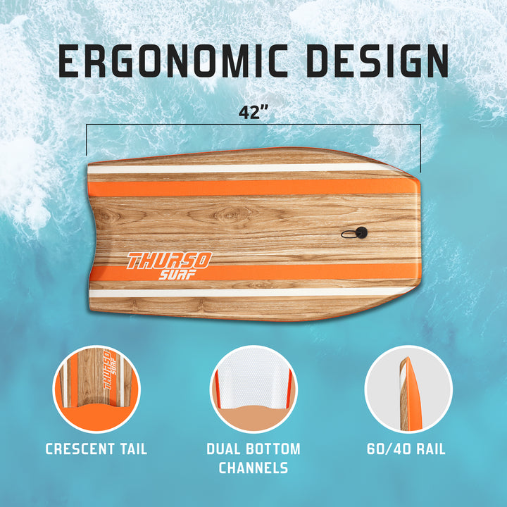 An tangerine and wood-grain Thurso Surf Quill EPS 42-inch bodyboard highlighting its ergonomic design, including a crescent tail and dual bottom channels.