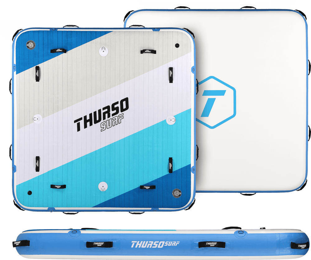 Blue and white inflatable float with 'Thurso Surf' branding on a white background