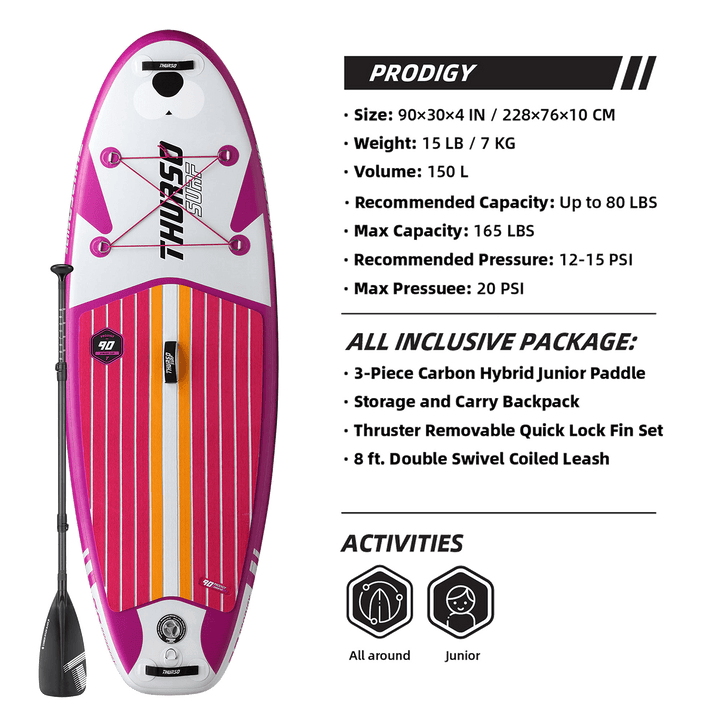 Therapy Aids Prodigy paddleboard with specifications and features on a white background