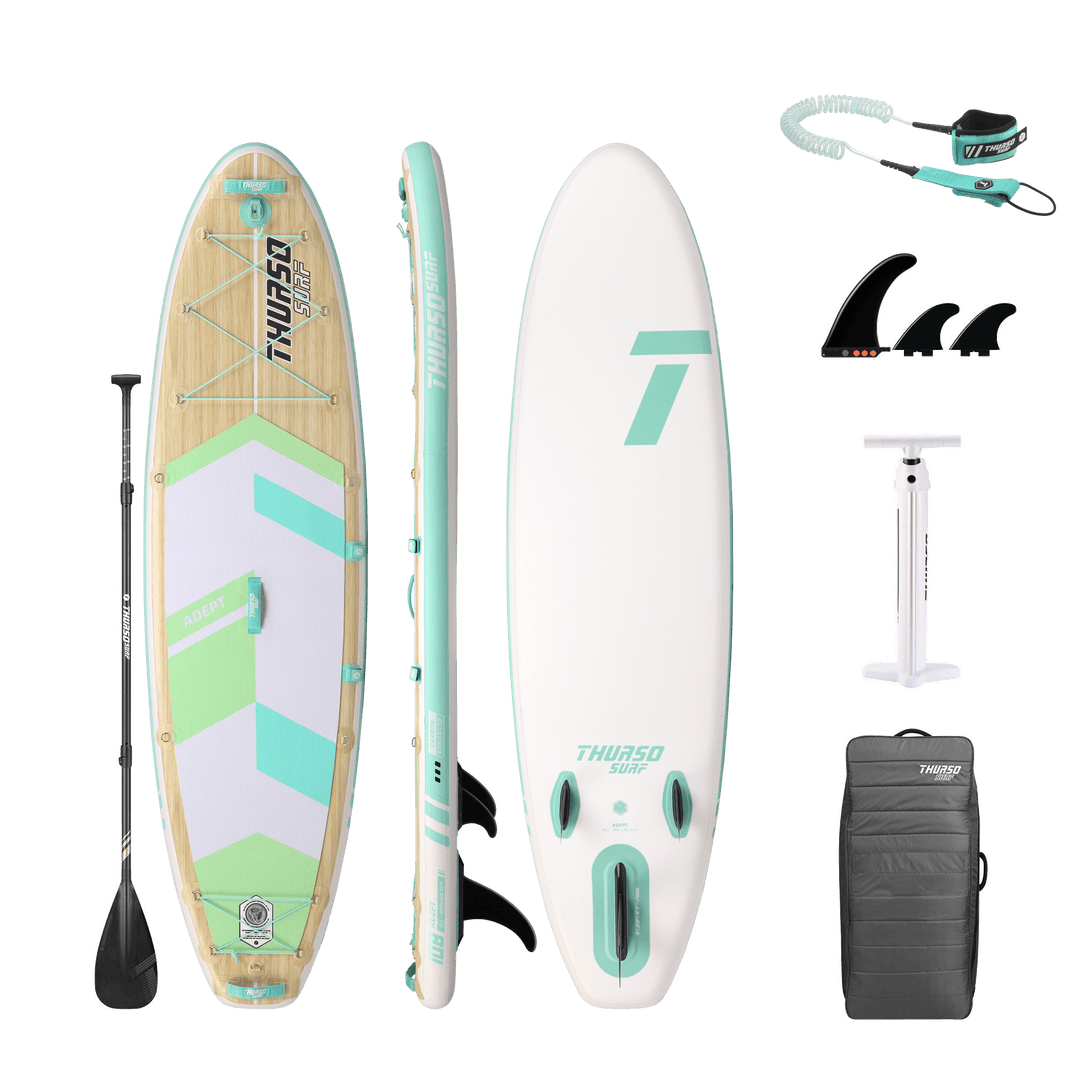 Supreme inflatable stand-up paddleboard with accessories on a black background