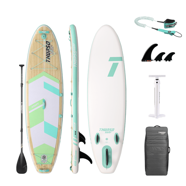 Supreme inflatable stand-up paddleboard with accessories on a black background