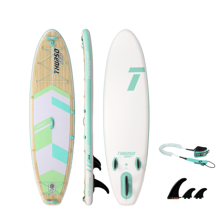 Sup board with multiple views and leash on a black background