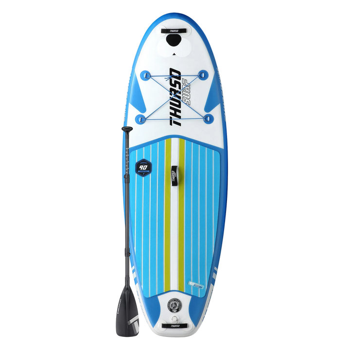 Blue and white SUP board with a paddle on a white background