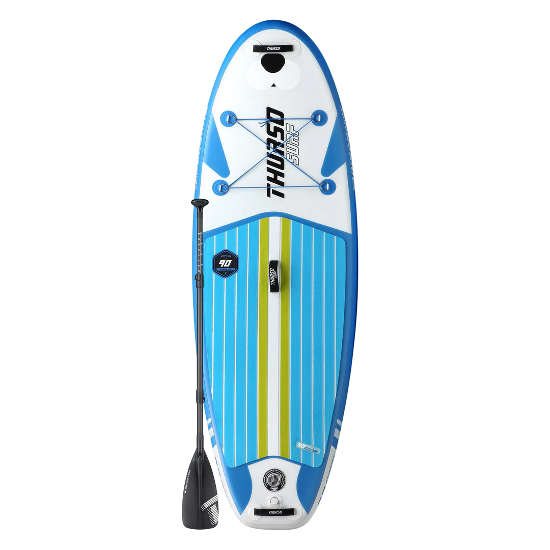 Blue and white SUP board with a paddle on a white background