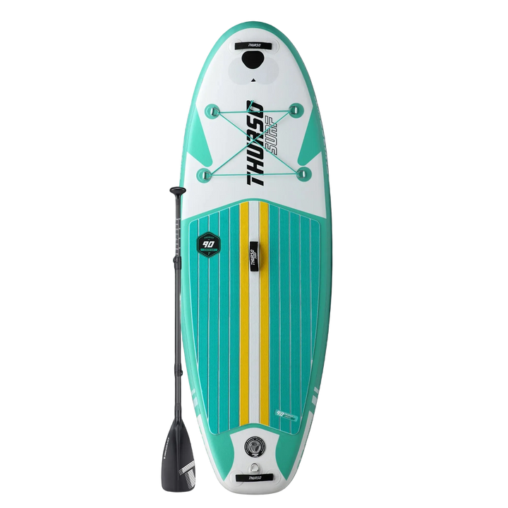 Turquoise and white stand-up paddleboard with a yellow stripe on a white background