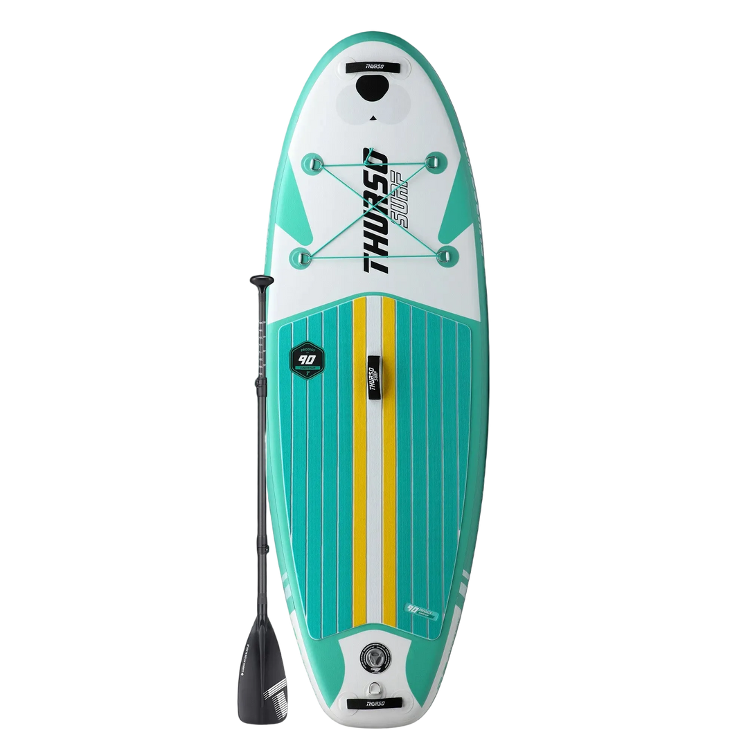 Turquoise and white stand-up paddleboard with a yellow stripe on a white background