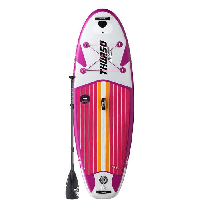 Thurso Surf inflatable stand-up paddleboard with pink and white design on a white background