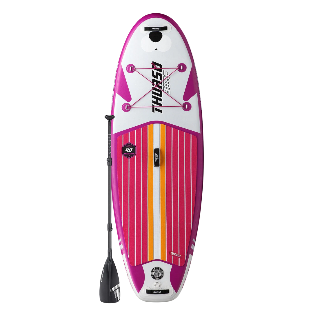 Thurso Surf inflatable stand-up paddleboard with pink and white design on a white background
