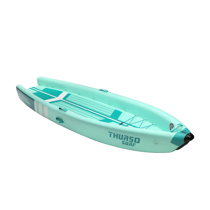 Turquoise inflatable kayak with &
