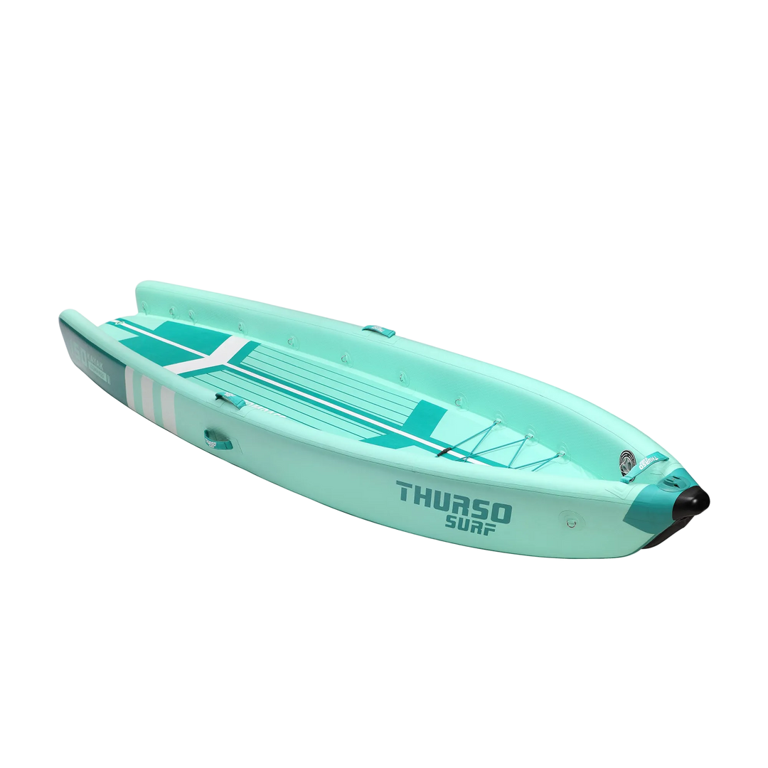 Turquoise inflatable kayak with &